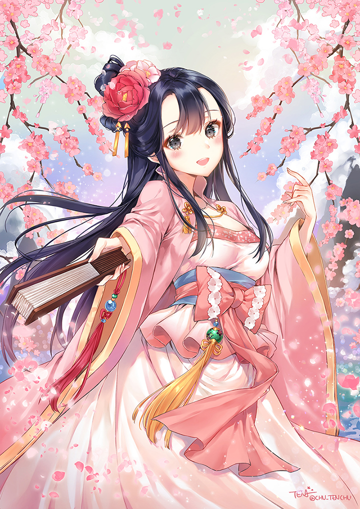 1girl :d bangs black_eyes black_hair blush breasts cherry_blossoms chinese_clothes cleavage clouds commentary day eyebrows_visible_through_hair fan fingernails flower folding_fan hair_between_eyes hair_flower hair_ornament hand_up hanfu head_tilt holding holding_fan long_hair long_sleeves looking_at_viewer medium_breasts open_mouth original outdoors outstretched_arm pink_flower red_flower sky smile solo tena upper_teeth very_long_hair wide_sleeves