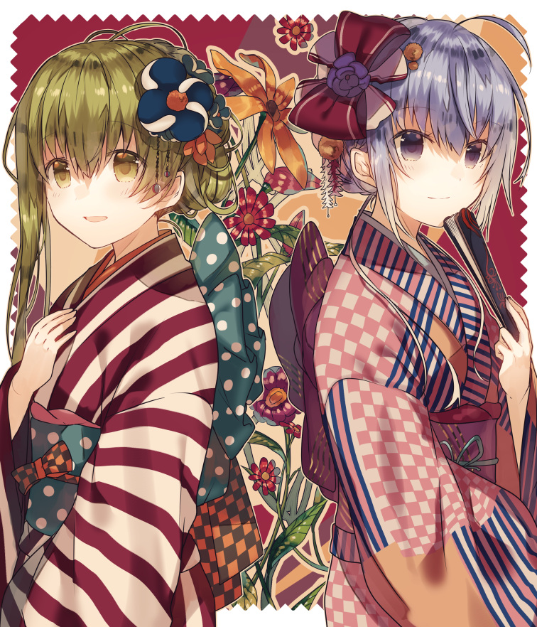 2girls :d ahoge character_request fan fan_to_mouth flower green_eyes green_hair hair_ribbon holding holding_fan japanese_clothes kazutake_hazano kimono looking_at_viewer multiple_girls obi open_mouth original purple_hair ribbon sash shiro_seijo_to_kuro_bokushi sidelocks smile upper_body violet_eyes