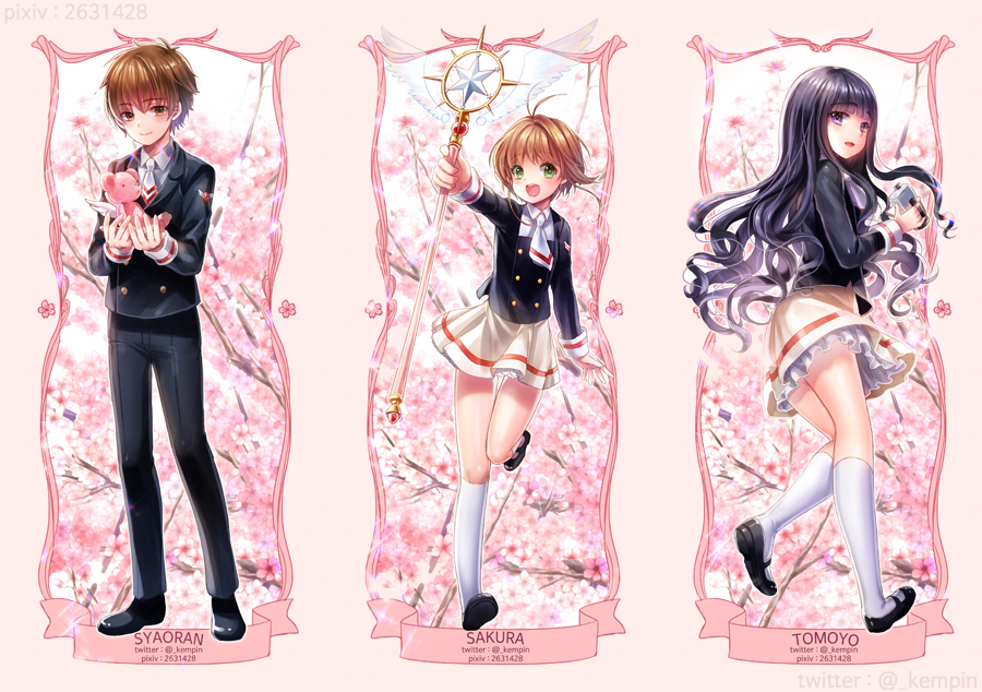 1boy 2girls ahoge antenna_hair brown_eyes brown_hair card_captor_sakura cherry_blossoms clow_card daidouji_tomoyo fuuin_no_tsue green_eyes hobak kinomoto_sakura li_xiaolang long_hair magical_girl mary_janes multiple_girls school_uniform serafuku shoes short_hair skates skirt smile tomoeda_elementary_school_uniform white_skirt wings