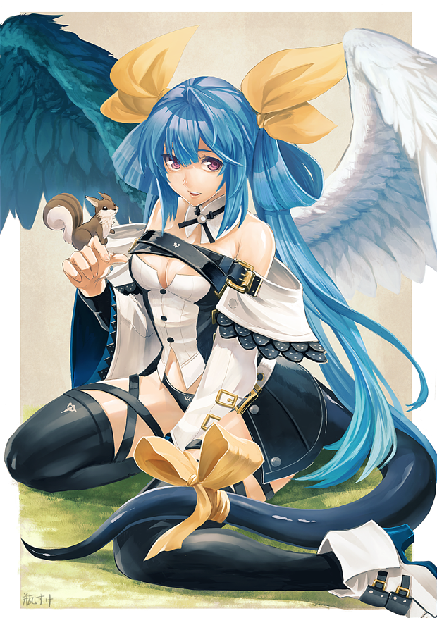 1girl asymmetrical_wings binsuke bow dizzy guilty_gear guilty_gear_xrd ribbon sitting solo squirrel tail tail_bow tail_ribbon thigh-highs wings