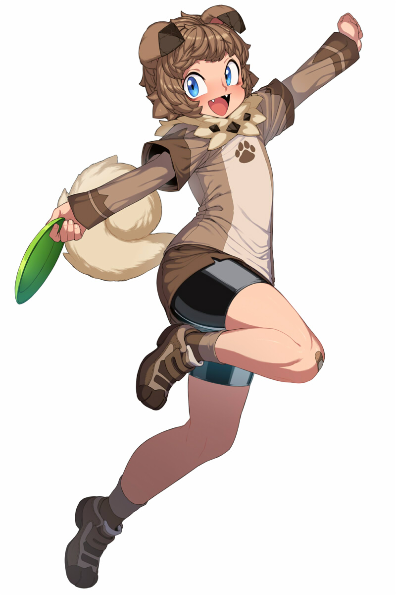 androgynous animal_ears bandaid bandaid_on_knee black_shorts blue_eyes brown_hair brown_shirt dog_ears dog_tail fangs frisbee highres layered_sleeves outstretched_arms paw_print personification pokemon pokemon_(game) pokemon_sm rockruff shirt short_hair shorts smile space_jin tail white_background