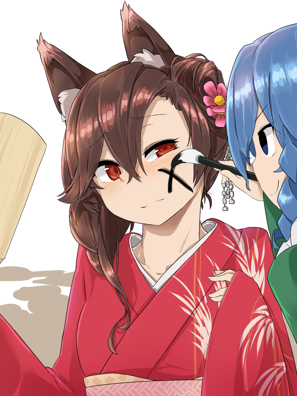 2girls alternate_hairstyle animal_ears blue_eyes blue_hair brown_hair commentary_request flower hair_flower hair_ornament highres holding imaizumi_kagerou japanese_clothes kimono long_sleeves looking_at_another medium_hair multiple_girls obi paddle paint paintbrush pink_flower red_kimono sash simple_background touhou tyouseki upper_body wakasagihime white_background wolf_ears