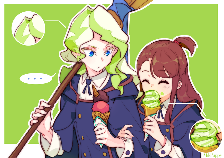 2girls blue_eyes brown_hair diana_cavendish eyebrows_visible_through_hair food ice_cream kagari_atsuko little_witch_academia long_hair luna_nova_school_uniform milk_puppy multicolored_hair multiple_girls two-tone_hair