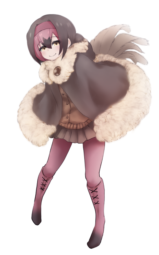 1girl bangs bird_tail black_footwear black_hair boots brown_skirt brown_sweater buttons closed_mouth dodo_(kemono_friends) empty_eyes eyebrows eyebrows_visible_through_hair eyelashes eyes_visible_through_hair facing_away feathers full_body fur_collar fur_trim gradient hair_between_eyes hairband hood hood_down ise_(0425) kemono_friends leaning leaning_forward legs_apart looking_at_viewer miniskirt multicolored multicolored_clothes multicolored_footwear multicolored_hair pantyhose pigeon-toed pink_footwear pink_hair pink_hairband pink_legwear pleated_skirt poncho short_hair simple_background skirt smile solo standing sweater tail two-tone_hair white_background yellow_eyes