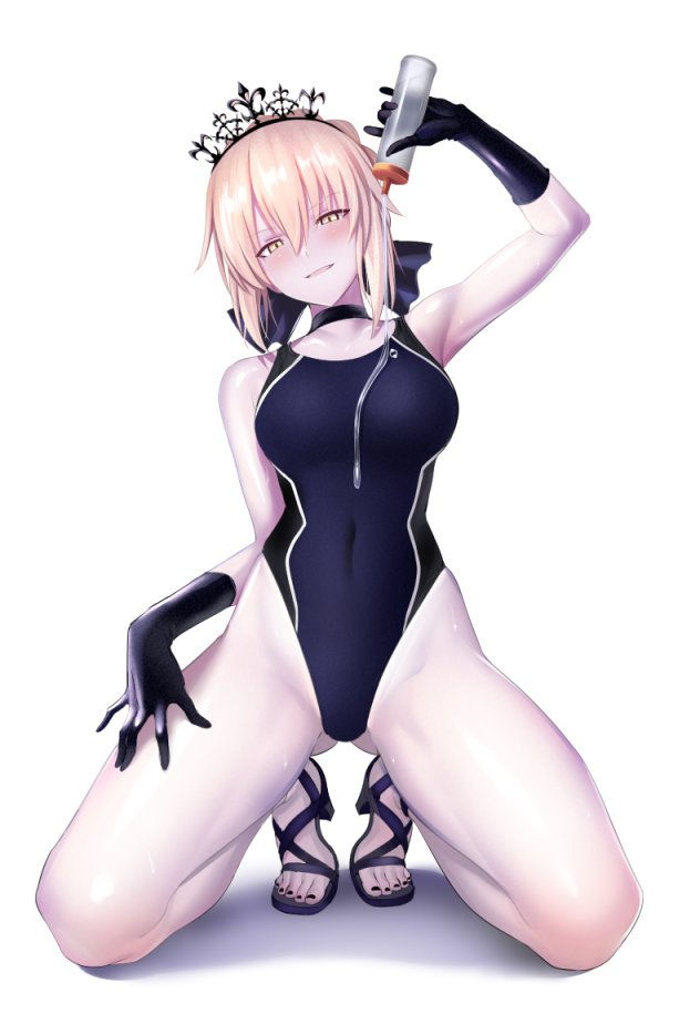 1girl artoria_pendragon_(all) bare_legs black_gloves black_nails black_swimsuit blonde_hair blue_ribbon bottle breasts choker competition_swimsuit covered_navel fate/grand_order fate_(series) full_body gloves gluteal_fold hair_between_eyes hair_ribbon hand_up head_tilt high_heels highleg highleg_swimsuit holding looking_at_viewer lotion medium_breasts nail_polish one-piece_swimsuit ribbon saber_alter sandals simple_background smile solo swimsuit tiara toenail_polish ulrich_(tagaragakuin) white_background yellow_eyes
