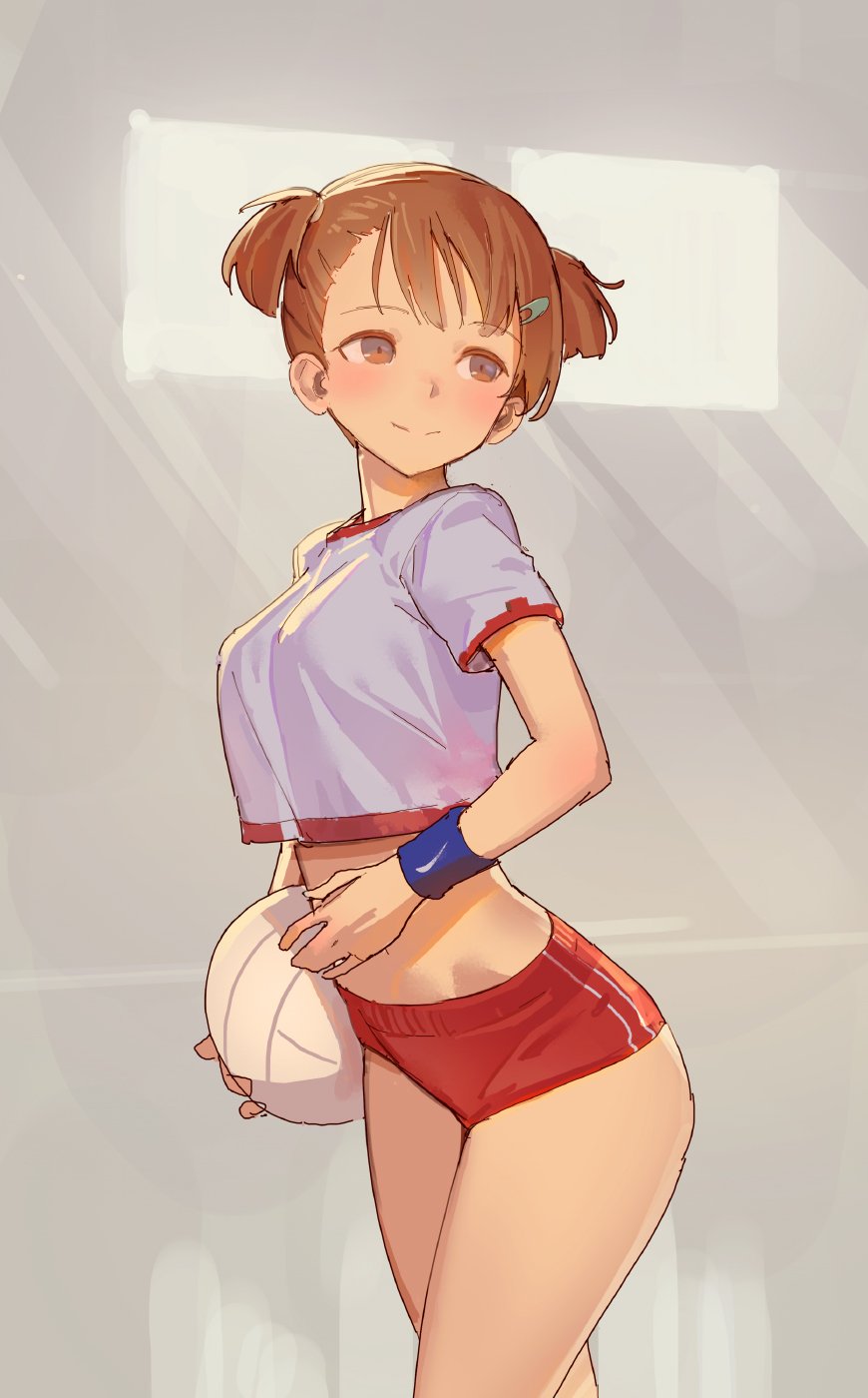 1girl bangs blush brown_eyes brown_hair buruma commentary crop_top facing_away gym_shorts hair_ornament hairclip highres legs looking_away midriff red_buruma red_shorts short_hair short_twintails shorts simple_background smile solo standing stomach sweatband thick_thighs thighs tim_loechner twintails underwear volleyball window