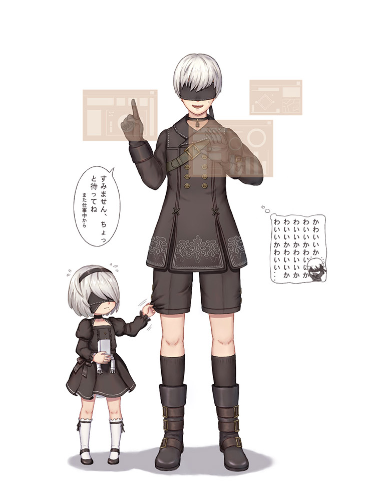 1boy 1girl black_choker black_hairband blindfold boots choker dress hairband lotu lunar_tear mole mole_under_mouth nier_(series) nier_automata open_mouth pod_(nier_automata) robot sad translation_request white_hair yorha_no._2_type_b yorha_no._9_type_s younger