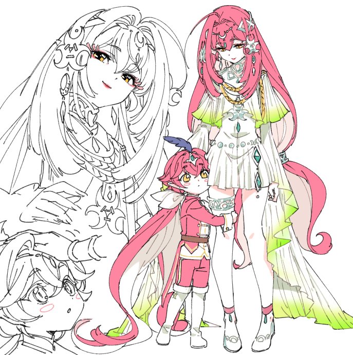 1boy 1girl blush breasts brother_and_sister dress fish_girl full_body hair_ornament humanization jewelry long_hair looking_at_viewer mipha red_skin redhead shorts shuri_(84k) siblings sidon smile the_legend_of_zelda the_legend_of_zelda:_breath_of_the_wild white_background yellow_eyes younger zora