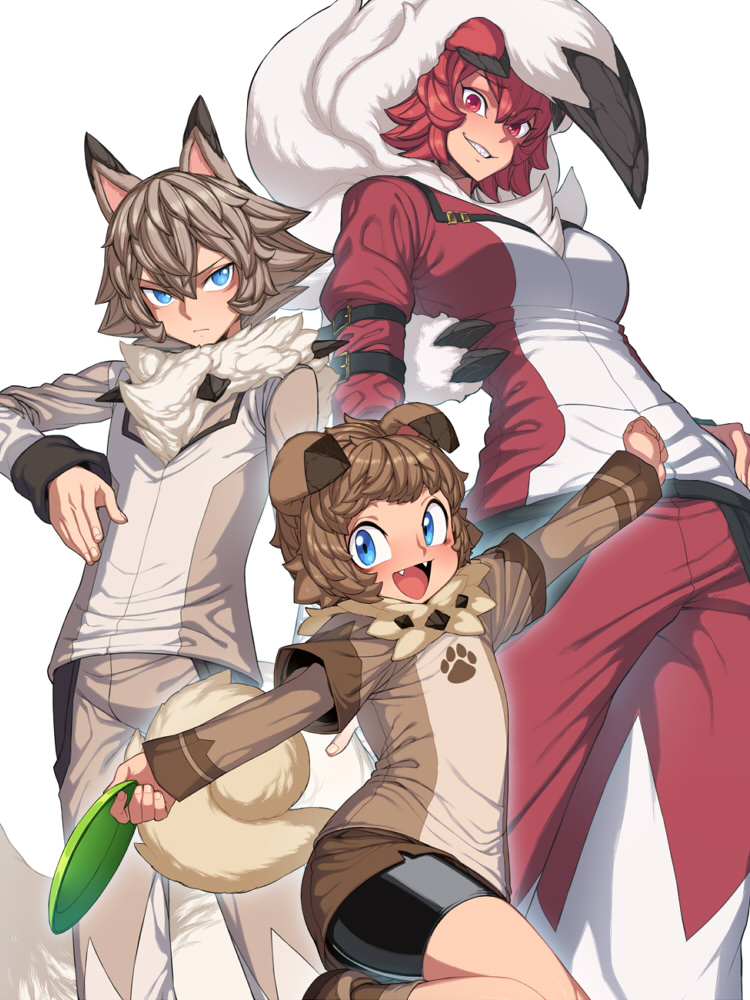 1boy 1girl androgynous animal_ears bandaid bandaid_on_knee belt black_hair blue_eyes brown_hair brown_pants brown_shirt dog_ears fangs frisbee grin layered_sleeves lycanroc multicolored_hair open_mouth outstretched_arms pants paw_print personification pokemon pokemon_(game) pokemon_sm red_clothes red_eyes red_pants redhead rockruff sharp_teeth shirt short_hair smile space_jin teeth white_background white_hair wolf_ears