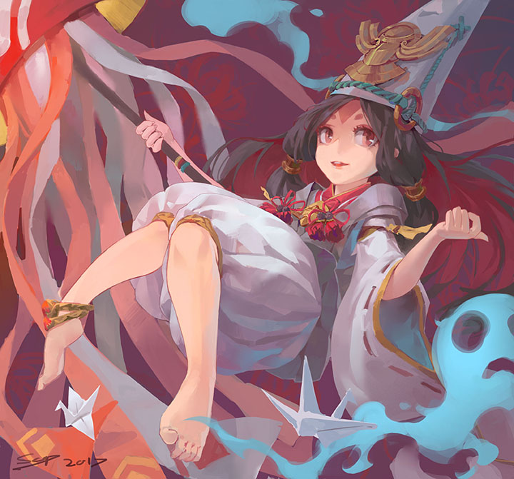 androgynous anklet barefoot black_hair brown_eyes dated feet flag full_body ghost hat jewelry kresop long_hair looking_at_viewer o-ring onmyoji origami paper_crane parted_lips shirodouji solo tate_eboshi very_long_hair white_hat wide_sleeves