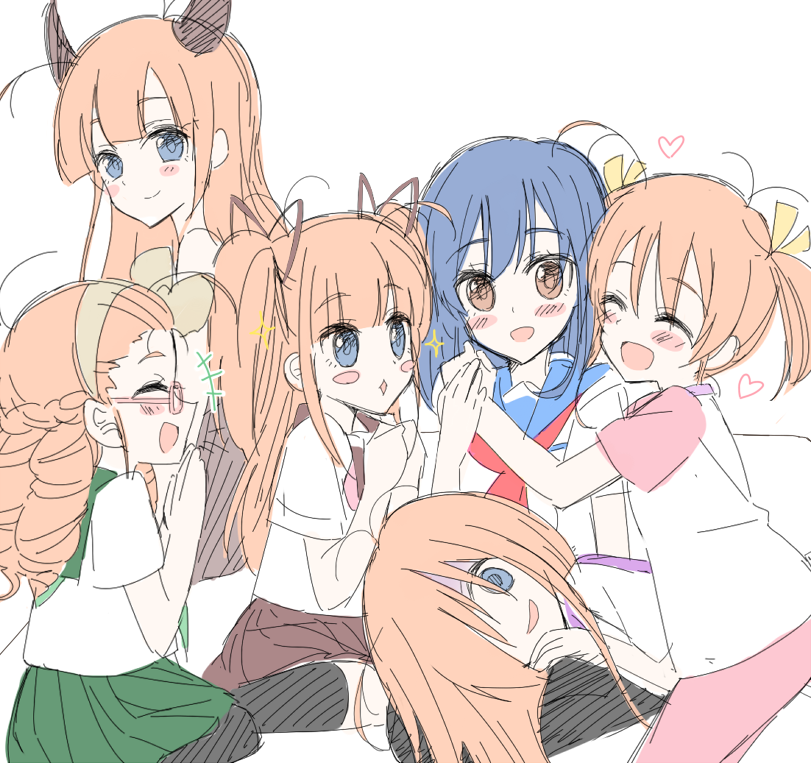 6+girls :&lt;&gt; :d ^_^ blush blush_stickers closed_eyes demon_horns drill_hair empty_eyes flip_flappers girl_sandwich hair_over_one_eye hand_on_another's_shoulder horns kokomine_cocona lap_pillow multiple_girls multiple_persona open_mouth own_hands_together papia_(flip_flappers) papika_(flip_flappers) papiko_(flip_flappers) papina_(flip_flappers) papino_(flip_flappers) papiyo_(flip_flappers) profile sandwiched school_uniform serafuku simple_background sketch smile sou_(mgn) sparkle white_background