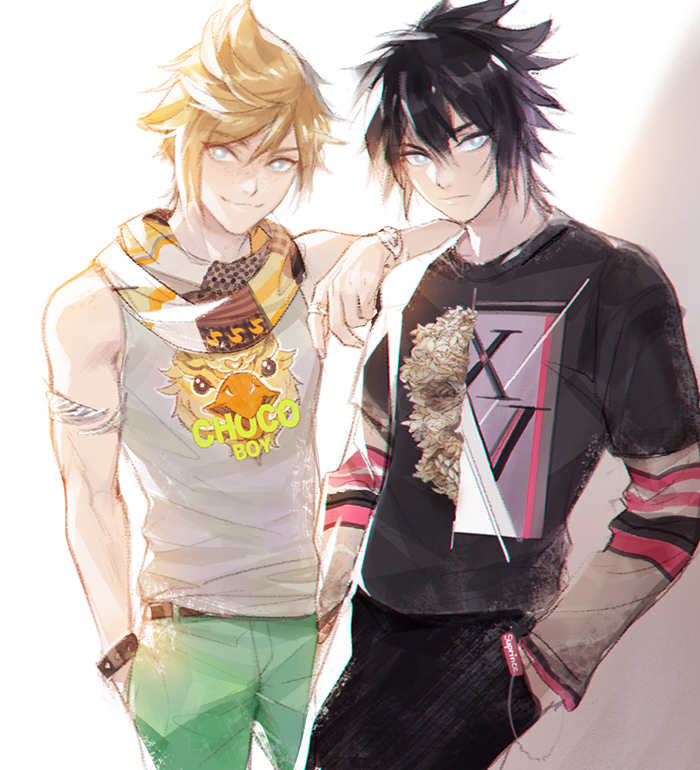 2boys armlet black_hair blonde_hair blue_eyes casual chocobo final_fantasy final_fantasy_xv ginmu hands_in_pockets looking_at_viewer multiple_boys noctis_lucis_caelum prompto_argentum scarf smile spiky_hair wristband