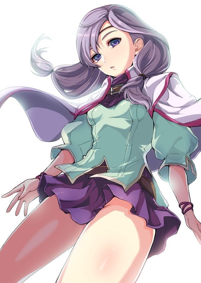 1girl blue_hair cape circlet fire_emblem fire_emblem:_akatsuki_no_megami fire_emblem:_souen_no_kiseki headband ilyana kokouno_oyazi long_hair looking_at_viewer low-tied_long_hair purple_hair simple_background skirt solo violet_eyes white_background