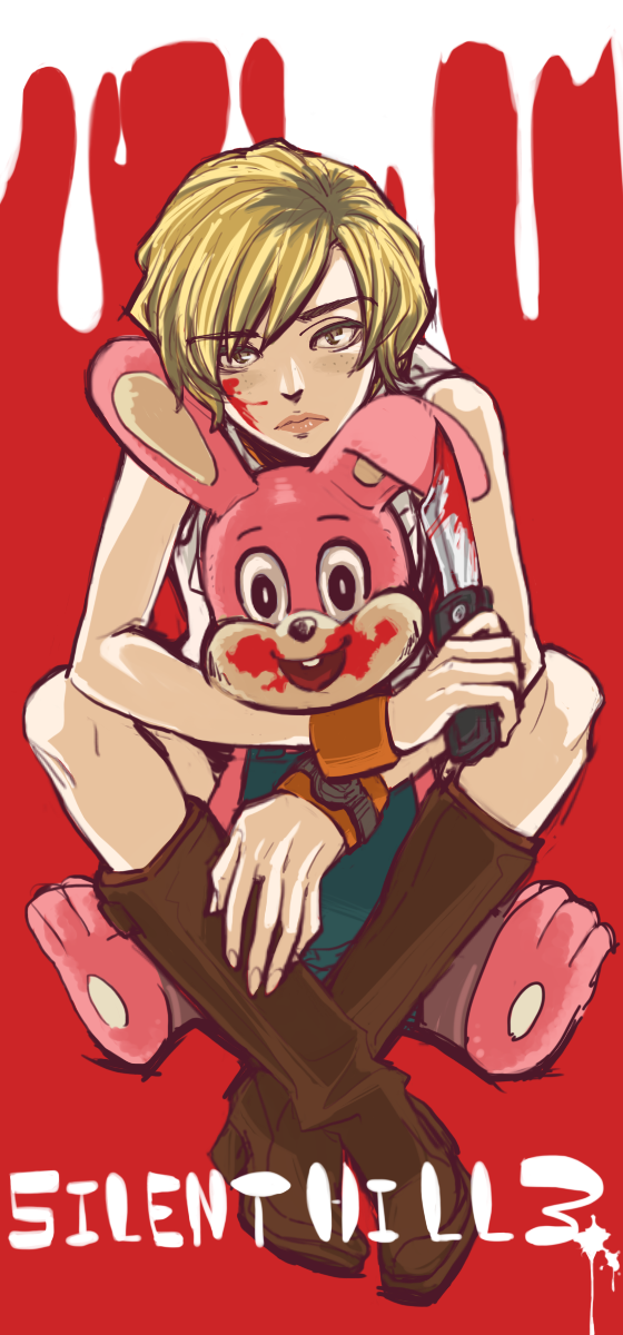1girl blonde_hair breasts commentary_request heather_mason highres jacket mario_(hitodamario) robbie short_hair silent_hill silent_hill_3 sleeveless solo stuffed_animal stuffed_toy vest watch wristband