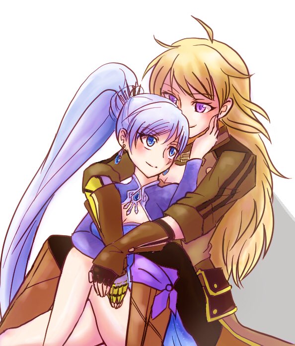 2girls ahoge artist_request blonde_hair blue_eyes breasts cleavage earrings hug hug_from_behind jewelry multiple_girls rwby touching violet_eyes weiss_schnee white_hair yang_xiao_long yuri