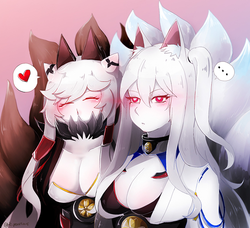 aircraft_carrier_hime animal_ears azur_lane belt black_jacket blush breasts closed_eyes closed_mouth fox_ears fox_tail grey_hair hair_between_eyes hair_ornament hairclip heart hi_ye horn horns jacket kantai_collection large_breasts long_hair midway_hime ponytail red_eyes tail white_jacket
