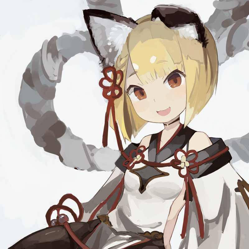 1girl animal_ears bangs bare_shoulders black_legwear blonde_hair blunt_bangs blush braid breasts commentary_request detached_sleeves dog_ears ear_down erun_(granblue_fantasy) eyebrows_visible_through_hair granblue_fantasy hair_ornament japanese_clothes long_sleeves looking_at_viewer open_mouth pantyhose paprika_shikiso pelvic_curtain red_eyes simple_background small_breasts smile solo vajra_(granblue_fantasy) wide_sleeves