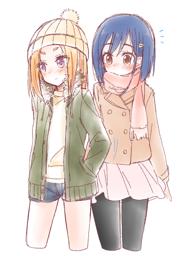 2girls beanie black_legwear blonde_hair blue_hair blush brown_eyes casual covered_mouth cropped_legs flip_flappers fur-trimmed_jacket fur_trim hair_ornament hairclip hand_in_pocket hat jacket kokomine_cocona long_sleeves looking_at_another multiple_girls open_clothes open_jacket pantyhose scarf short_hair short_shorts shorts simple_background skirt sou_(mgn) violet_eyes white_background winter_clothes yayaka yuri