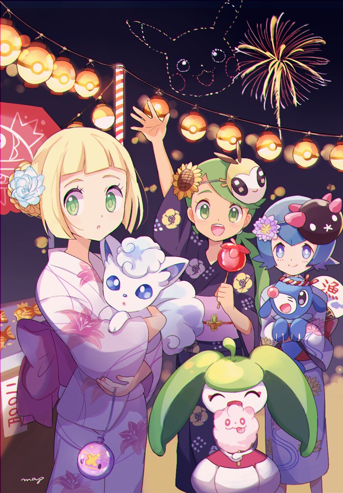 3girls :d :o ^_^ ^o^ alola_form alolan_vulpix alternate_costume alternate_hairstyle arm_up bag bangs black_kimono blonde_hair blue_eyes blue_hair blunt_bangs bright_pupils candy_apple closed_eyes closed_mouth cotton_candy dark_skin drifloon facing_viewer fan feet_out_of_frame festival fireworks floral_print flower food green_eyes green_hair hair_bun hair_flower hair_ornament headband holding holding_food japanese_clothes kimono lantern lillie_(pokemon) looking_at_viewer low_twintails magikarp mallow_(pokemon) mask mask_on_head mei_(maysroom) multiple_girls nail_polish night night_sky obi open_mouth outdoors paper_fan pikachu pink_nails poke_ball pokemon pokemon_(creature) pokemon_(game) pokemon_sm popplio pyukumuku ribombee round_teeth sash short_hair signature sky smile standing steenee suiren_(pokemon) sunflower_hair_ornament swept_bangs swirlix tareme teeth twintails uchiwa waving white_kimono yukata