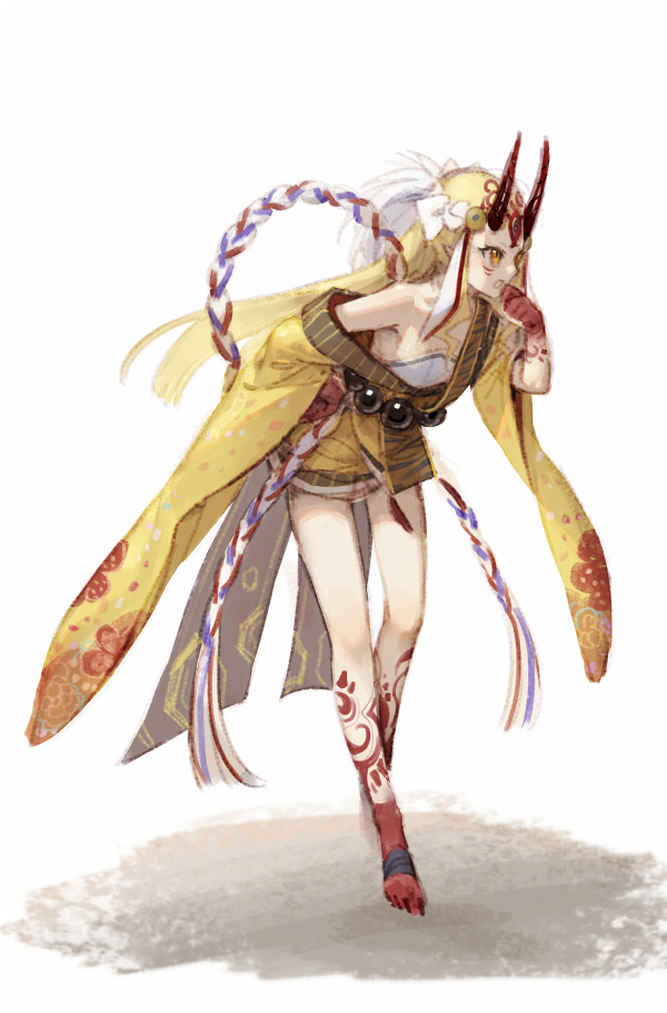 1girl bare_legs bare_shoulders blonde_hair fate/grand_order fate_(series) full_body hand_to_own_mouth ibaraki_douji_(fate/grand_order) japanese_clothes kangetsu_(fhalei) kimono long_hair long_sleeves parted_lips sash short_kimono simple_background solo standing tattoo white_background wide_sleeves yellow_eyes yellow_kimono