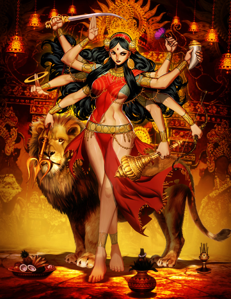 1girl black_hair bow_(weapon) breasts cleavage dagger dark_skin durga extra_arms facial_mark flower forehead_mark genzoman goddess hindu_mythology hinduism lion looking_to_the_side multiple_arms navel navel_piercing piercing polearm serious staff stomach trident weapon