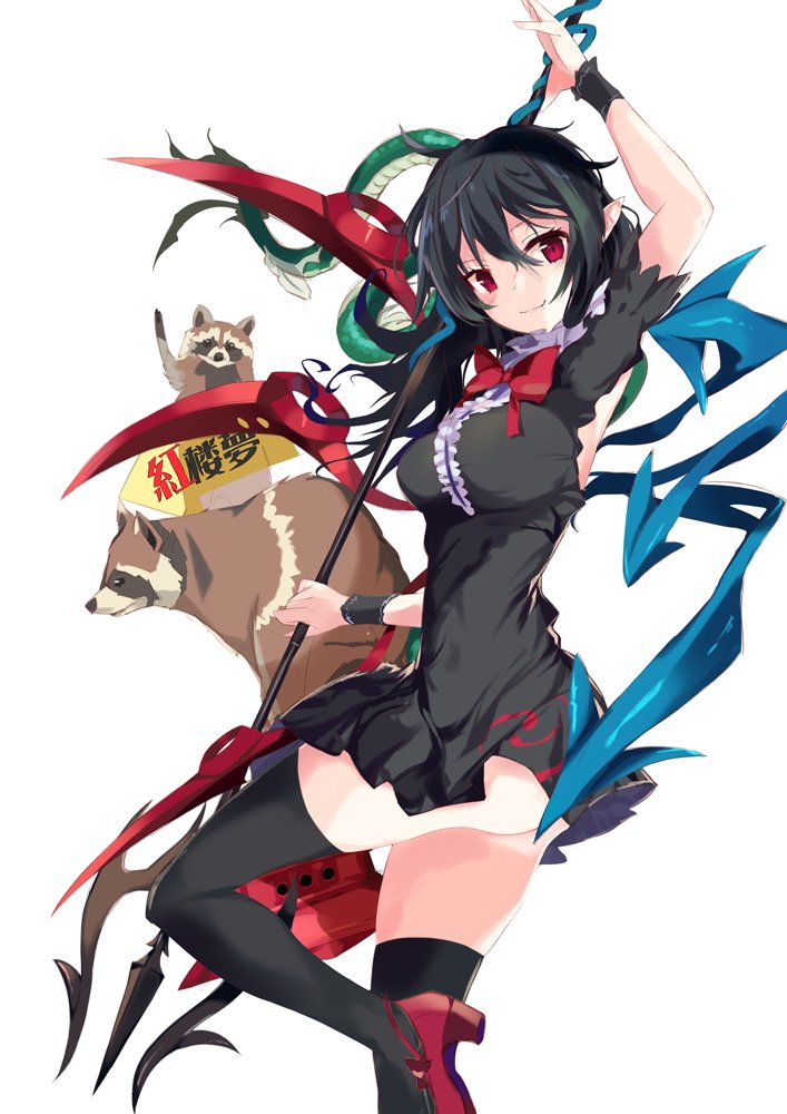 1girl asymmetrical_wings bangs black_dress black_hair black_legwear bow bowtie closed_mouth cowboy_shot dress from_side high_heels holding holding_weapon houjuu_nue leg_up long_hair looking_at_viewer pointy_ears polearm rating red_eyes red_footwear red_neckwear short_dress short_sleeves smile solo standing standing_on_one_leg tanuki tetsurou_(fe+) thigh-highs touhou translated trident weapon wings wristband