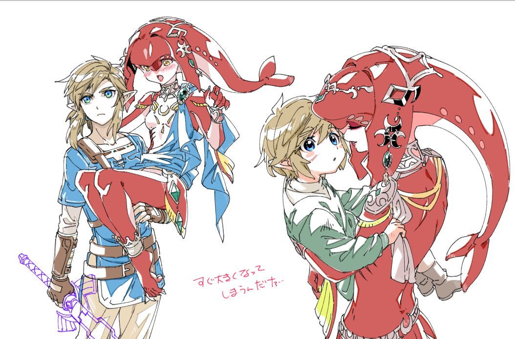 1boy 1girl blonde_hair blue_eyes blush breasts carrying closed_eyes fins fish_girl hair_ornament jewelry link long_hair looking_at_viewer mipha monster_girl multicolored multicolored_skin no_eyebrows pointy_ears princess_carry red_skin redhead shuri_(84k) smile solo the_legend_of_zelda the_legend_of_zelda:_breath_of_the_wild translation_request yellow_eyes younger zora