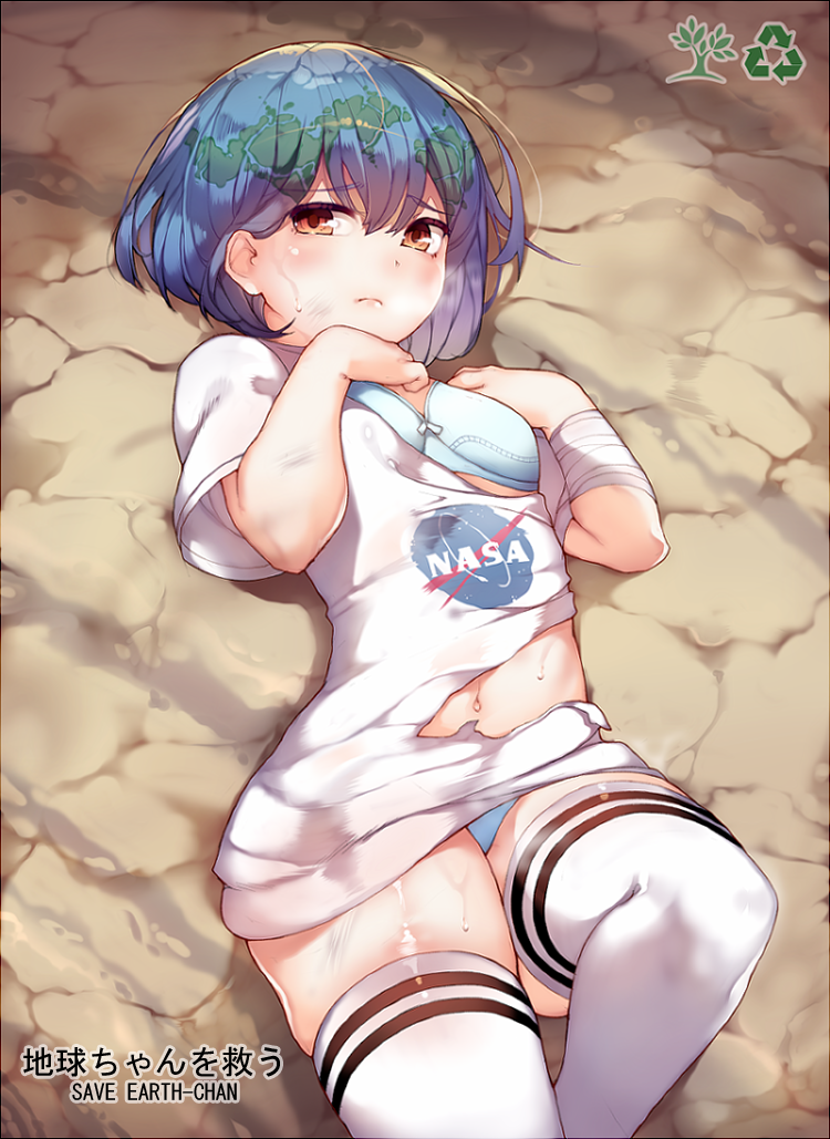 1girl bandage bandaged_arm bangs blue_bra blue_hair blue_panties bra breasts brown_eyes closed_mouth commentary deru06 earth-chan english eyebrows_visible_through_hair green_hair hands_up looking_at_viewer lying multicolored_hair nasa navel on_back original panties pantyshot pantyshot_(lying) print_shirt recycling_symbol shirt short_hair short_sleeves small_breasts solo torn_clothes torn_shirt translation_request tree two-tone_hair underwear white_legwear white_shirt