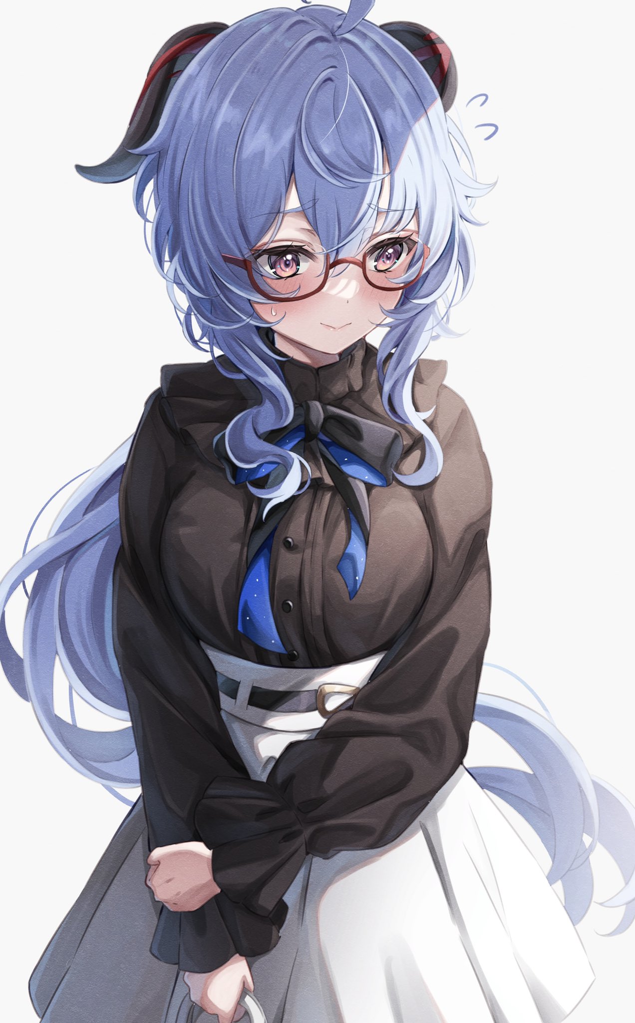 1girl ahoge bag belt black_belt black_bow black_bowtie black_shirt blue_hair blush bow bowtie breasts closed_mouth floating_hair flying_sweatdrops frilled_sleeves frills ganyu_(genshin_impact) genshin_impact glasses goat_horns gradient_hair handbag high-waist_skirt highres holding holding_bag holding_own_arm horns large_breasts long_hair long_sleeves looking_at_viewer multicolored_hair official_alternate_costume ponytail raised_eyebrows red-framed_eyewear sa-ya2 semi-rimless_eyewear shirt simple_background skirt smile solo sweatdrop two-tone_bowtie violet_eyes white_background white_skirt