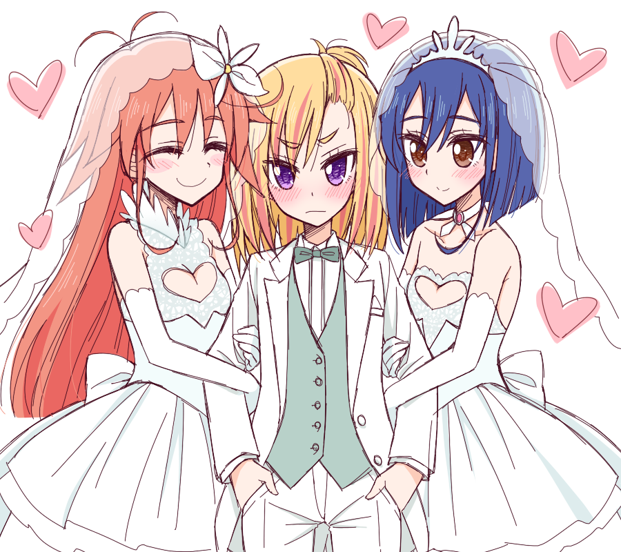 3girls ahoge antenna_hair bangs bangs_pinned_back blonde_hair blue_hair blush bow bowtie bridal_veil bride brown_eyes choker cleavage_cutout closed_eyes commentary_request double_arm_hug dress flip_flappers flower formal girl_sandwich groom hair_flower hair_ornament hands_in_pockets heart holding_arm kokomine_cocona long_hair multicolored_hair multiple_girls necktie orange_hair pants papika_(flip_flappers) polygamy sandwiched short_hair smile sou_(mgn) spoilers streaked_hair suit tiara veil violet_eyes wedding_dress what_if white_suit wife_and_wife wife_and_wife_and_wife yayaka yuri