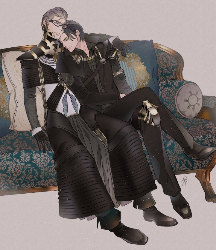 2boys black_gloves black_hair brown_hair capelet chains collared_shirt couch final_fantasy final_fantasy_xv formal glasses gloves hair_slicked_back head_on_shoulder ignis_scientia legs_crossed male_focus multiple_boys nobingo noctis_lucis_caelum older pauldrons pillow robe scar shirt sitting sleeping spoilers visor