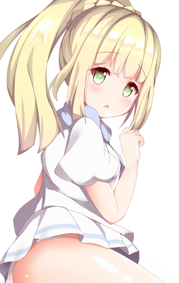 1girl akiori_koromo bangs blonde_hair blunt_bangs blush braid eyebrows_visible_through_hair french_braid green_eyes high_ponytail lillie_(pokemon) long_hair looking_at_viewer miniskirt open_mouth out-of-frame_censoring panties pleated_skirt pokemon pokemon_(game) pokemon_sm puffy_short_sleeves puffy_sleeves shirt short_sleeves skirt solo underwear white_background white_panties white_shirt white_skirt