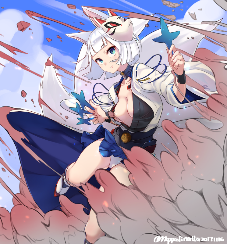 1girl 2017 animal_ears azur_lane bangs blue_eyes blue_hakama blue_skirt blue_sky blunt_bangs bob_cut breasts chrysanthemum clouds collarbone dated day erect_nipples eyeshadow facing_away flower fox_ears fox_mask fox_tail hakama hakama_skirt holding japanese_clothes kaga_(azur_lane) kikumon makeup mappaninatta mask mask_on_head miniskirt no_bra outdoors panties pantyhose pleated_skirt ribbon-trimmed_clothes ribbon_trim shikigami short_hair skirt sky small_breasts smoke solo tail underwear white_hair white_panties