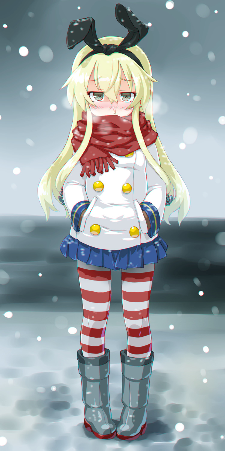 1girl blonde_hair blue_skirt commentary_request dd_(ijigendd) grey_eyes hair_between_eyes highres kantai_collection long_hair long_sleeves miniskirt pleated_skirt red_scarf scarf shimakaze_(kantai_collection) skirt snowing solo striped striped_legwear