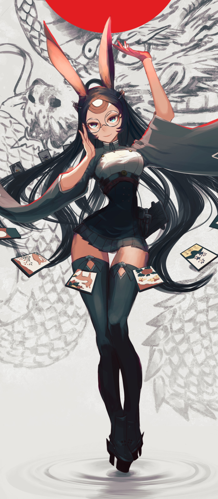 1girl adjusting_eyewear animal_ears azur_lane black_hair black_legwear blue_eyes breasts card dragon eastern_dragon full_body ginho glasses gloves hanafuda highres japanese_clothes long_hair looking_at_viewer medium_breasts pleated_skirt rabbit_ears rising_sun skirt smile solo souryuu_(azur_lane) sunburst thigh-highs