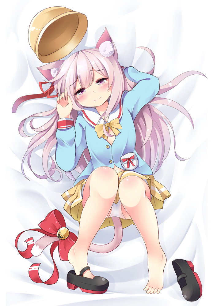 1girl agung_syaeful_anwar animal_ears arm_up azur_lane bangs barefoot bed_sheet bell black_footwear blue_shirt blush bow bowtie cat_ears cat_girl cat_tail closed_mouth commentary eyebrows_visible_through_hair feet full_body hair_between_eyes hair_ribbon hat hat_removed headwear_removed jingle_bell kindergarten_uniform kisaragi_(azur_lane) long_hair long_sleeves looking_at_viewer mary_janes panties pink_hair pleated_skirt red_bow red_ribbon ribbon school_hat shirt shoes shoes_removed single_shoe skirt solo tail tail_bell tail_bow underwear violet_eyes white_panties yellow_hat yellow_neckwear yellow_skirt
