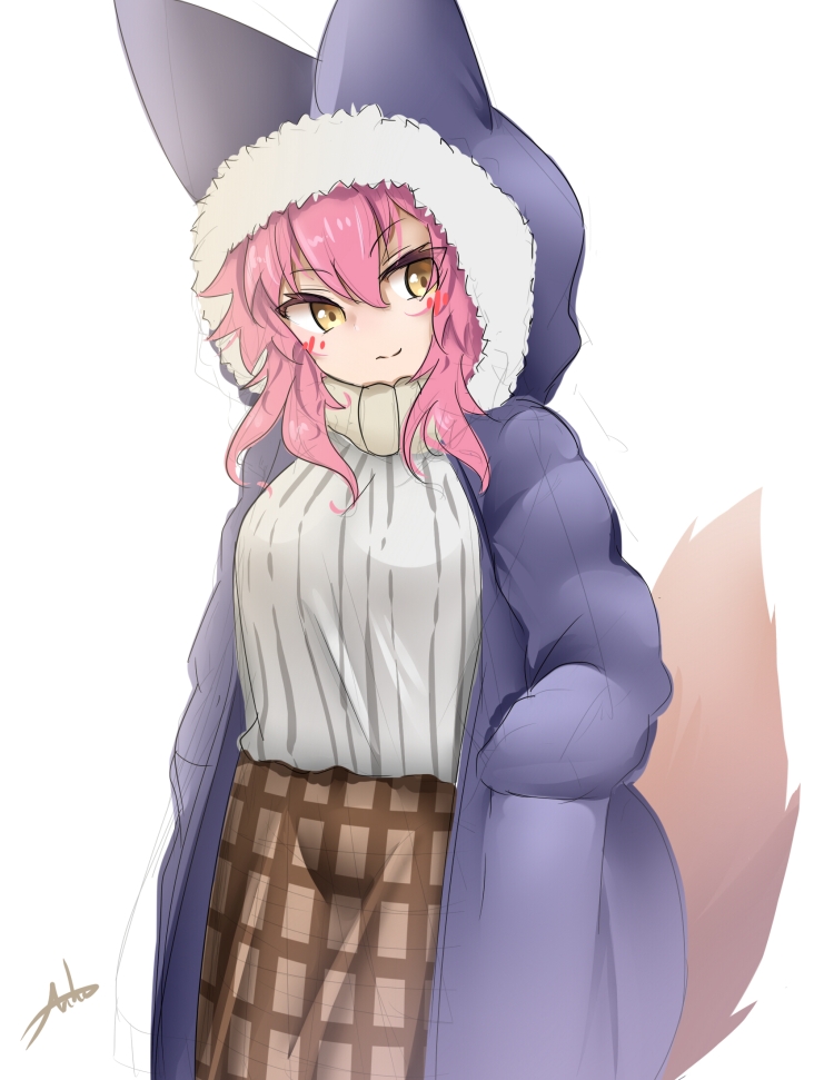 1girl anho animal_ears bangs blue_coat brown_skirt closed_mouth coat eyebrows_visible_through_hair fate/grand_order fate_(series) fox_ears fox_girl fox_hood fox_tail hair_between_eyes hands_in_pockets hooded_coat long_hair looking_at_viewer open_clothes open_coat pink_hair plaid plaid_skirt ribbed_sweater signature sketch skirt solo sweater tail tamamo_(fate)_(all) tamamo_no_mae_(fate) v-shaped_eyebrows white_background white_sweater yellow_eyes