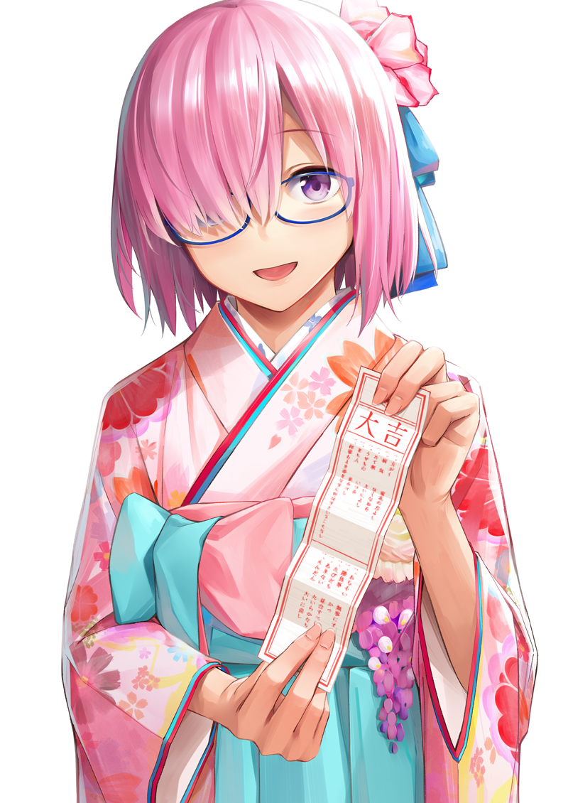 1girl :d blue_eyes fate/grand_order fate_(series) fingernails glasses hair_over_one_eye hand_up holding japanese_clothes kimono long_sleeves looking_at_viewer mash_kyrielight open_mouth pink_hair pink_kimono shielder_(fate/grand_order) short_hair simple_background smile solo umihotaru_harumare upper_body violet_eyes white_background wide_sleeves