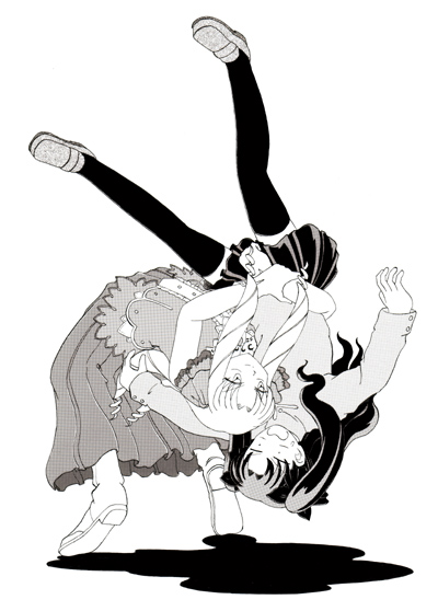 2girls arched_back boots catfight closed_mouth dress drill_hair fate/hollow_ataraxia fate/stay_night fate_(series) full_body greyscale kamen-maskman leaning_back loafers long_hair long_sleeves luviagelita_edelfelt miniskirt monochrome multiple_girls open_mouth parted_lips pleated_skirt shoes short_sleeves simple_background skirt smile surprised sweat sweater thigh-highs tohsaka_rin twintails two_side_up upside-down upskirt white_background wide-eyed wrestling zettai_ryouiki