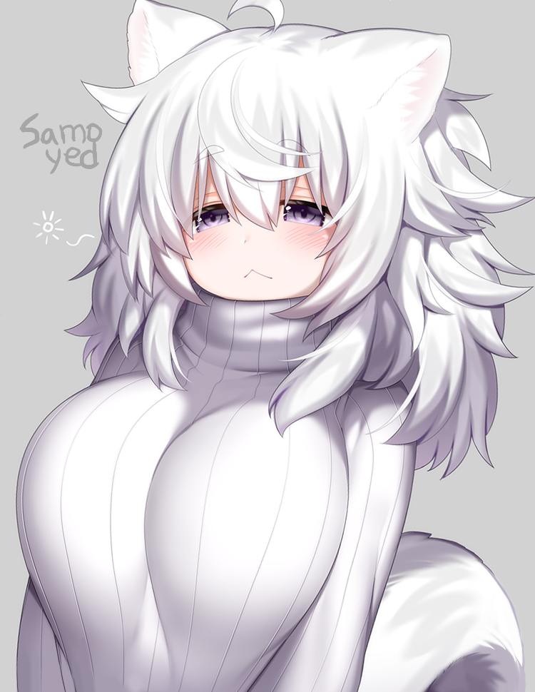 1girl :&lt; ahoge animal_ears blush breasts closed_mouth drowsy eyebrows_visible_through_hair fox_ears fox_tail grey_background hair_between_eyes large_breasts long_hair long_sleeves mofuaki original shiny shiny_hair silver_hair simple_background solo sweater tail tareme turtleneck turtleneck_sweater upper_body violet_eyes white_sweater