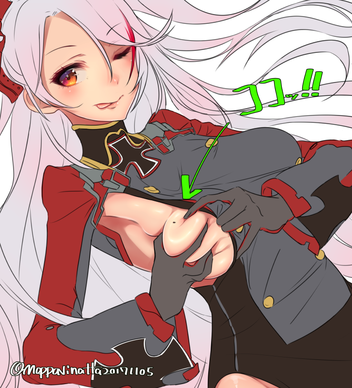 1girl 2017 :p ;) armpits azur_lane blush breast_grab breasts buttons closed_mouth dated deep_skin directional_arrow dress eyebrows eyebrows_visible_through_hair eyelashes facing_away gloves grabbing grey_dress grey_gloves groping hair_ornament iron_cross lips long_hair long_sleeves looking_away looking_to_the_side mappaninatta medium_breasts military military_uniform mole mole_on_breast multicolored_hair no_bra one_eye_closed orange_eyes pink_lips prinz_eugen_(azur_lane) redhead self_fondle silver_hair simple_background smile solo streaked_hair tongue tongue_out tsurime turtleneck twitter_username two-tone_hair two_side_up unfinished uniform upper_body very_long_hair white_background