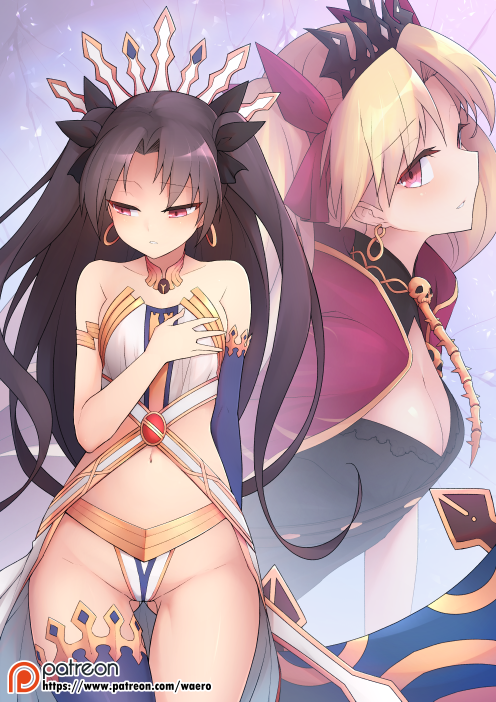 2girls arm_behind_back armlet artist_name bangs bare_shoulders black_hair black_legwear black_ribbon blonde_hair blush breasts cape cleavage collarbone crown earrings ereshkigal_(fate/grand_order) eyebrows_visible_through_hair fate/grand_order fate_(series) gluteal_fold groin hair_ribbon hand_on_own_chest hoop_earrings ishtar_(fate/grand_order) jewelry looking_at_viewer looking_away looking_to_the_side medium_breasts midriff multiple_girls navel neck_ring parted_bangs parted_lips patreon_logo profile red_cape red_eyes red_ribbon revealing_clothes revision ribbon single_detached_sleeve single_thighhigh skull smile spine thigh-highs thigh_gap tiara tsurime two_side_up upper_body waero waist_cape watermark web_address