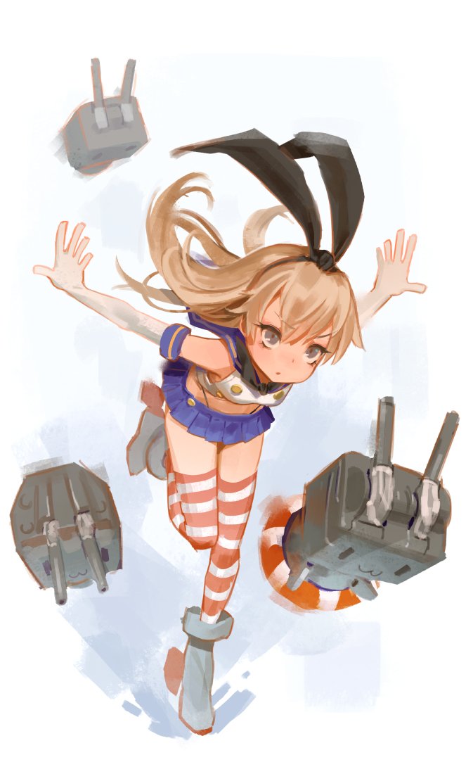 1girl bangs bare_shoulders black_bow black_panties blonde_hair blue_skirt boots bow commentary elbow_gloves eyebrows_visible_through_hair gloves grey_eyes grey_footwear hair_bow hairband highleg highleg_panties horizontal-striped_legwear horizontal_stripes kantai_collection long_hair looking_at_viewer miniskirt panties pleated_skirt red_legwear rensouhou-chan running school_uniform serafuku shimakaze_(kantai_collection) shirt skirt sleeveless sleeveless_shirt solo standing standing_on_one_leg striped striped_legwear thigh-highs tim_loechner underwear white_gloves white_shirt