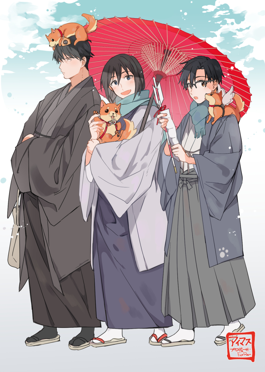 3boys ahoge black_hair dog eunram formal highres idolmaster idolmaster_(classic) idolmaster_cinderella_girls idolmaster_side-m leash long_hair male_focus multiple_boys oriental_umbrella ponytail producer_(idolmaster_anime) producer_(idolmaster_cinderella_girls_anime) producer_(idolmaster_side-m_anime) sandals tabi umbrella year_of_the_dog