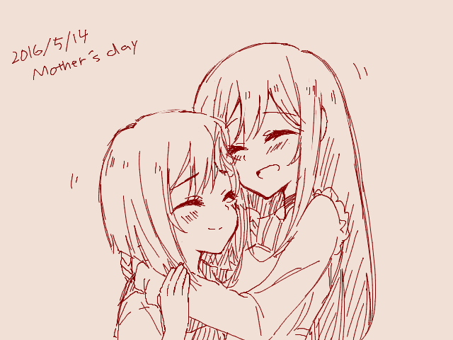 2girls :d ^_^ blush closed_eyes commentary dated flip_flappers happy kokomine_cocona long_hair monochrome mother's_day mother_and_daughter multiple_girls open_mouth short_hair sketch smile sou_(mgn)