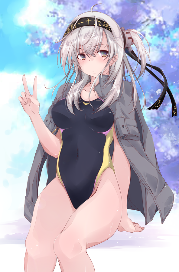 1girl alternate_costume black_headband black_swimsuit blue_background breasts clothes_writing commentary_request cowboy_shot grey_eyes grey_jacket hachimaki headband jacket jacket_on_shoulders kantai_collection long_hair looking_at_viewer medium_breasts one_side_up silver_hair sitting solo suzutsuki_(kantai_collection) swimsuit v yumesato_makura