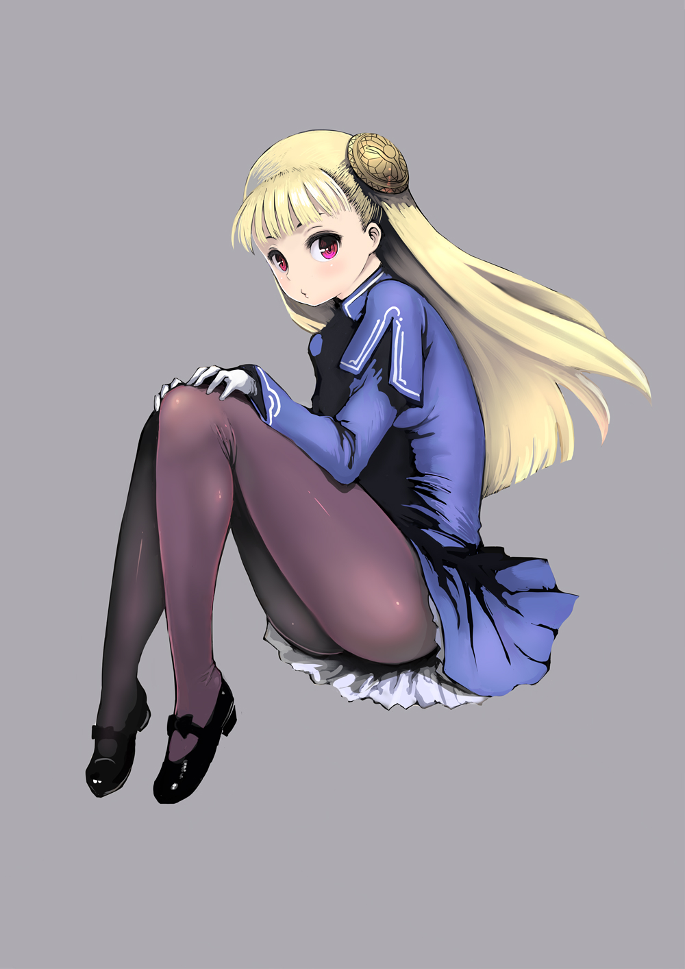 1girl bangs black_footwear blue_shirt blue_skirt blunt_bangs blush capcom_fighting_jam full_body gloves hairpods hands_on_own_knees highres ingrid invisible_chair johan_(johan13) knees_up long_hair long_sleeves looking_at_viewer mary_janes pantyhose petticoat pink_eyes pouty_lips purple_legwear shirt shoes sitting skirt solo straight_hair tareme very_long_hair white_gloves