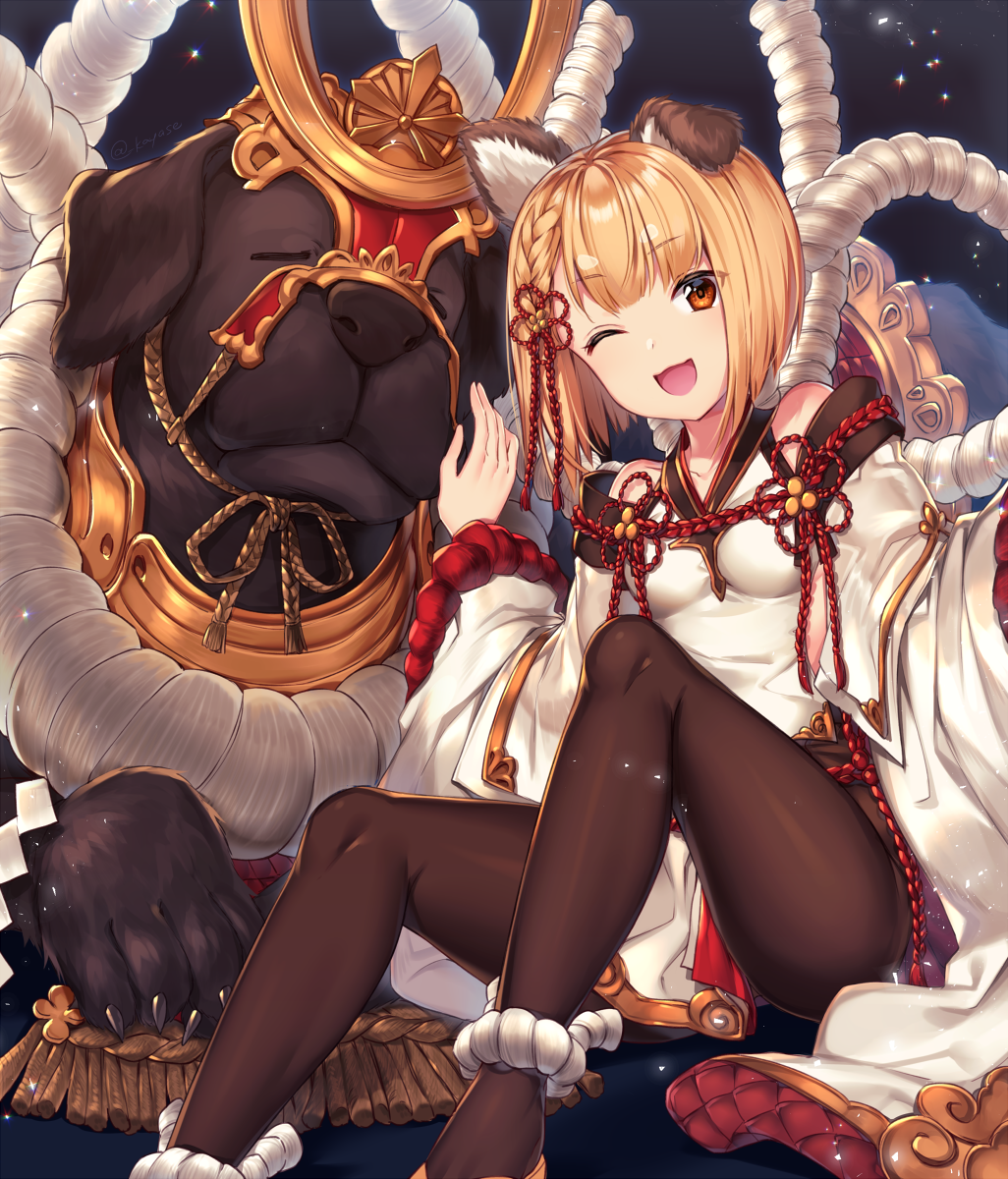 1girl ;d animal animal_ears ankle_cuffs bangs bare_shoulders black_background black_legwear blonde_hair blunt_bangs blush breasts brown_hair dog dog_ears eyebrows_visible_through_hair feet_out_of_frame granblue_fantasy hair_ribbon highres knees_up light_particles long_sleeves looking_at_viewer maru_(sw1tch) one_eye_closed open_mouth pantyhose red_ribbon ribbon short_hair shoulder_cutout simple_background sitting small_breasts smile solo twitter_username vajra_(granblue_fantasy) wide_sleeves