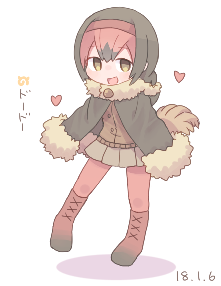 1girl 2018 :d bangs bird_tail black_footwear black_hair boots brown_footwear brown_hairband brown_sweater buttons character_name colo_(frypan_soul) dated dodo_(kemono_friends) empty_eyes eyebrows eyebrows_visible_through_hair facing_away feathers full_body fur_collar fur_trim gradient grey_skirt hair_between_eyes hairband heart hood hood_down japari_symbol kemono_friends legs_together looking_at_viewer miniskirt multicolored multicolored_clothes multicolored_footwear multicolored_hair no_nose open_mouth pantyhose pink_hair pink_legwear pleated_skirt poncho shadow short_hair simple_background skirt smile solo sweater tail tareme tongue two-tone_hair white_background yellow_eyes