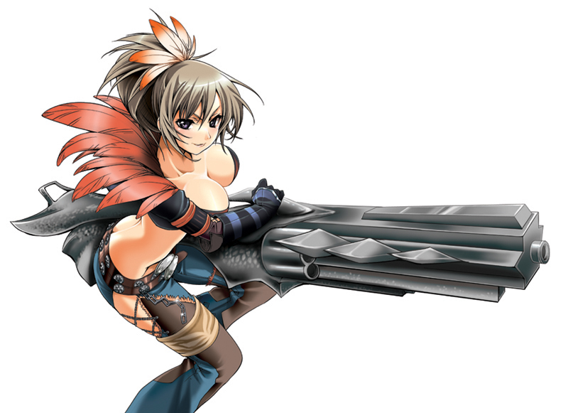 amami_yukino bangs belt belt_buckle blue_eyes blush breasts brown_hair butt_crack chain cleavage crop_top denim elbow_gloves feathers fighting_stance garuda_(armor) gloves gradient gun hair_ornament huge_weapon jeans large_breasts looking_at_viewer looking_back lowleg midriff monster_hunter mound_of_venus naughty_face no_panties pants parted_bangs ponytail profile short_hair side_slit silver_hair simple_background smile solo squatting studded_belt thigh_strap torn_clothes violet_eyes weapon
